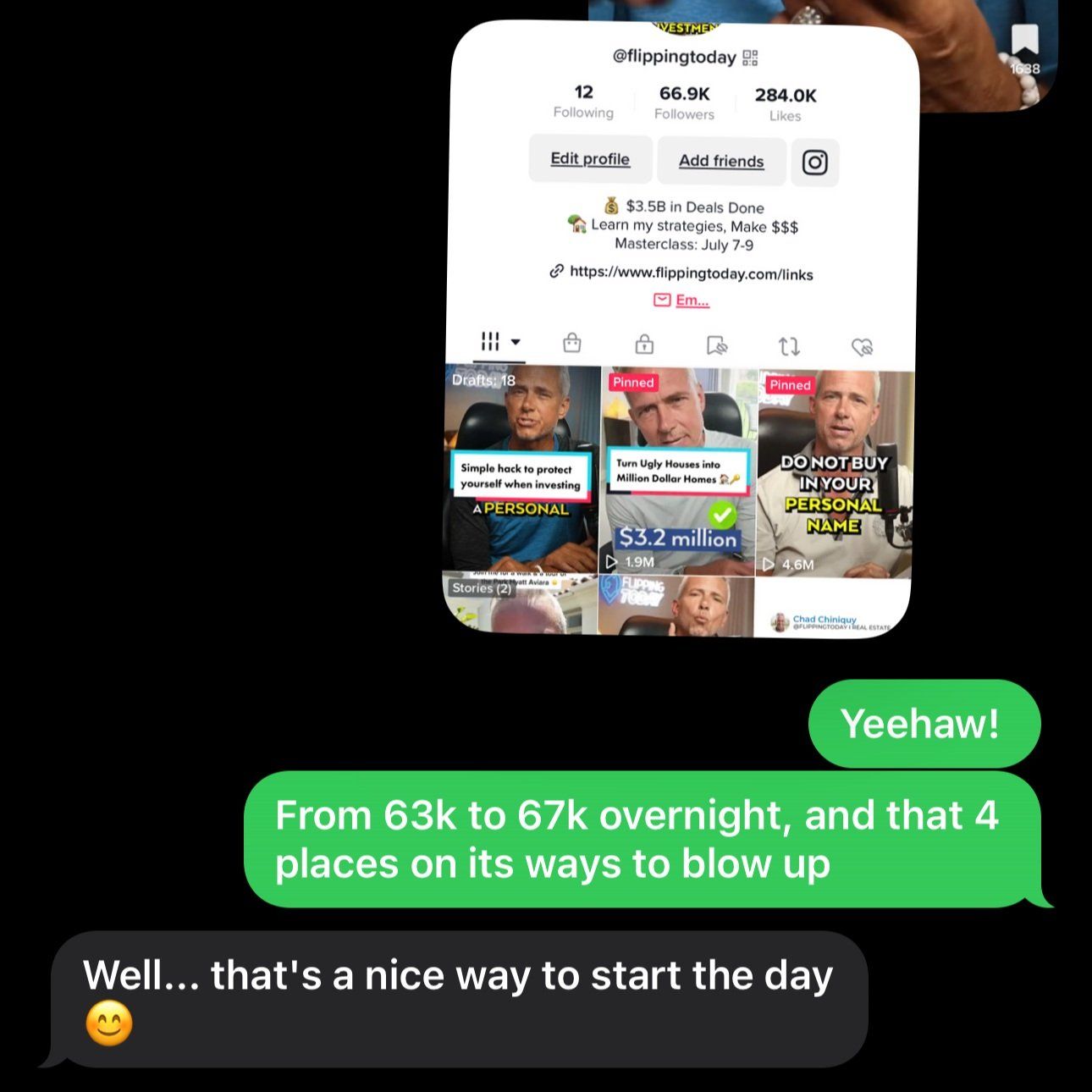 Client text: from 63k to 67k followers overnight