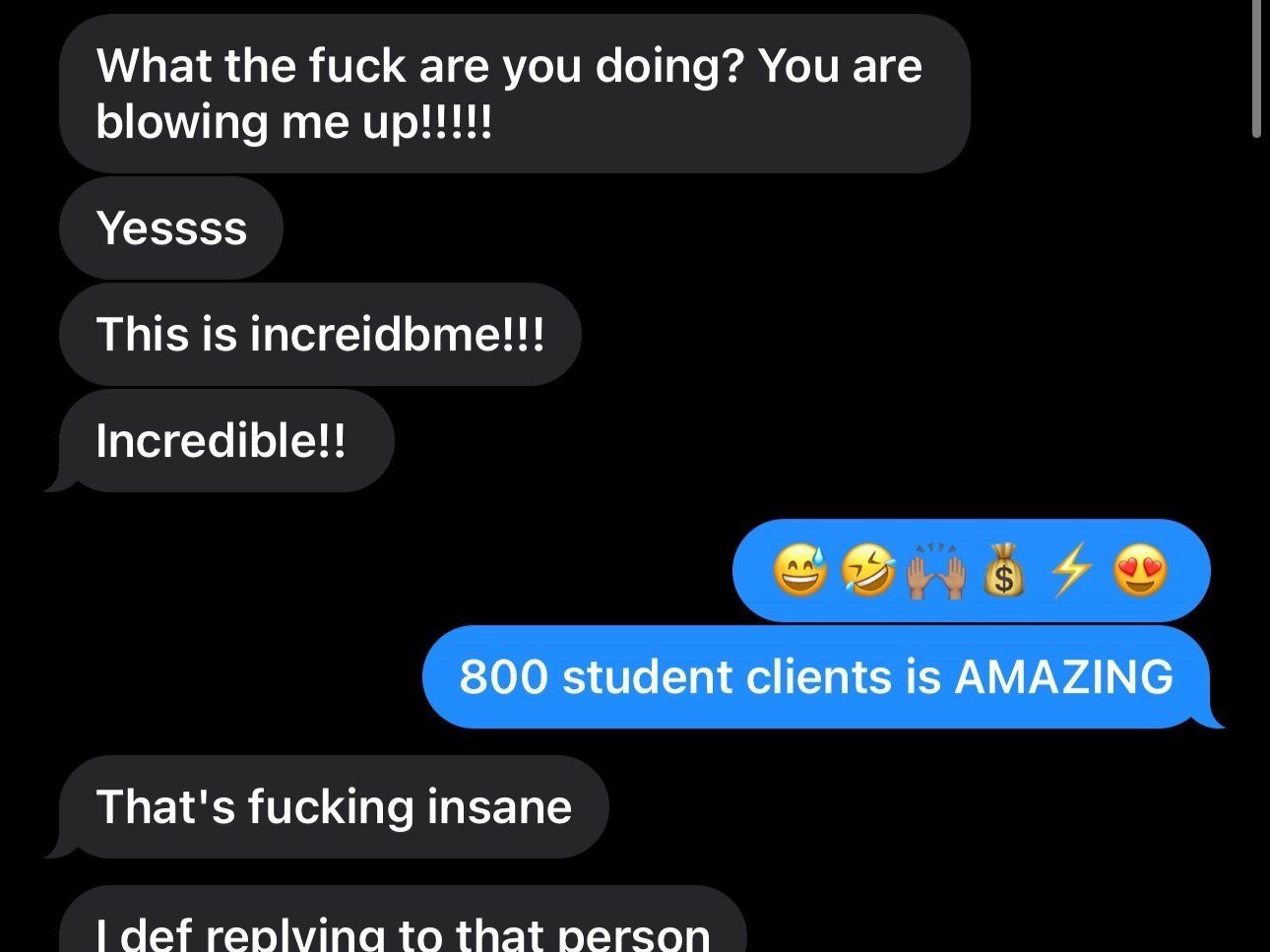 Client text messages celebrating 800 new student clients